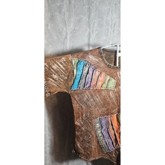 Boho Hippie TShirt Womens M/L Patchwork Short Sleeve Asymmetrical Lagenlook 90s - Picture 9 of 9